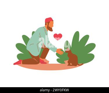 An Arabian young man volunteer feeding a cat and plants in the park scene vector illustration design. Animal fostering and adoption concept design. Stock Vector