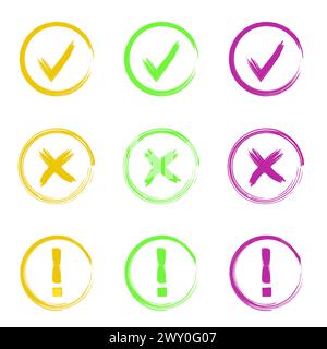 Check mark or done and yes signs, cross warning or wrong, exclamation and attention sign symbol vector. Stock Vector