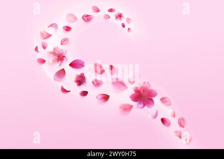 Sakura petals wind flying banner. Flower decoration on pink background. Stock Vector