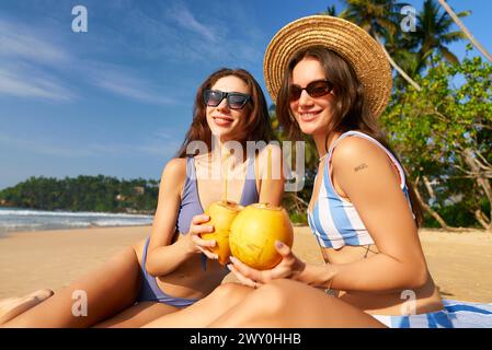 Two young women in striped swimsuits enjoy fresh coconuts on sunny tropical beach. Smiling friends with sunglasses relax, coconut drink in hand, sea Stock Photo