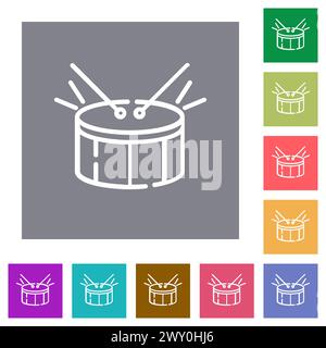 Drum outline flat icons on simple color square backgrounds Stock Vector