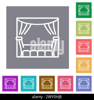 Theater stage curtain seats outline flat icons on simple color square backgrounds Stock Vector