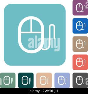 Computer mouse with cord outline white flat icons on color rounded square backgrounds Stock Vector