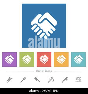 Handshake solid flat white icons in square backgrounds. 6 bonus icons included. Stock Vector