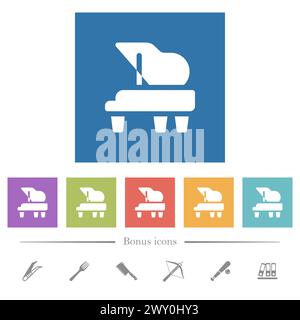 Grand piano solid flat white icons in square backgrounds. 6 bonus icons included. Stock Vector