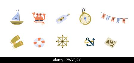 Set of nautical marine items for baby sea summer party. Vector illustration of travel on boat. Nautical equipment and symbols with birthday decoration Stock Vector