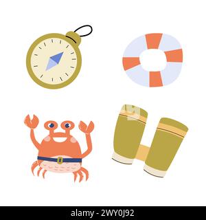 Set of hand drawn nutical travel icons crab, compas, binoculars and lifebuoy. Vector illustration in golden and red colors, childish cute sea elements Stock Vector