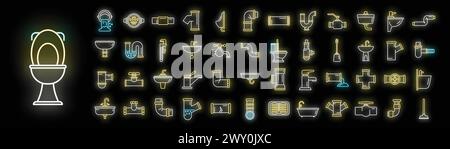Sewerage icons set outline vector. Water leak. Plumber repair neon color on black Stock Vector