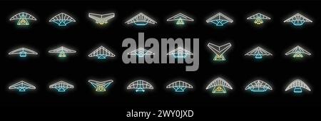 Hang glider icons set outline vector. Sport activity. Adrenaline glider neon color on black Stock Vector