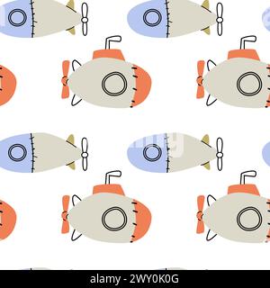 Cute marine baby pattern with submarine. Seamless vector sea print for textile, fabric, nursery. Vector illustration. Stock Vector