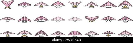 Hang glider icons set outline vector. Sport activity. Adrenaline glider thin line color flat on white Stock Vector