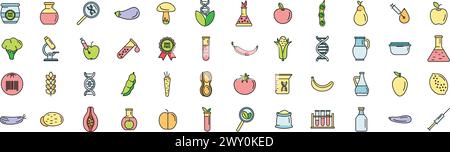 Gmo food icons set outline vector. Antibiotic corn. Gmo industry food thin line color flat on white Stock Vector