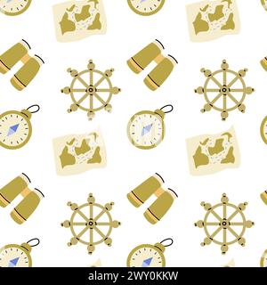 Cute marine baby pattern with compass and golden nautical elements. Seamless vector sea print for textile, fabric, nursery. Vector illustration of boa Stock Vector
