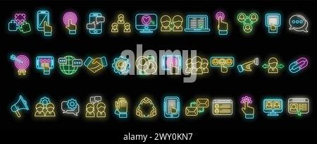 Interaction icons set outline vector. Test process. Ux user neon color on black Stock Vector