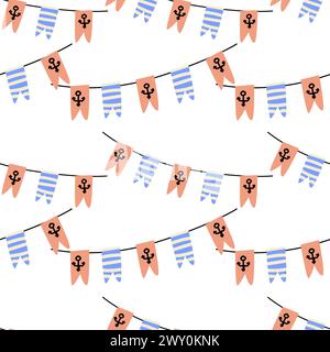 Cute marine baby pattern with flags with anchor. Seamless vector sea print for textile, fabric, nursery. Vector illustration of anchor and stripes. Stock Vector