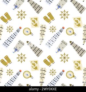 Marine baby nautical elements seamless pattern. Vector illustration of lighthouses, map and wheel. For textile, poster, backdrop. Stock Vector