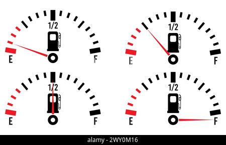 Car dashboard fuel gauge showing empty, quarter, half and full needles Stock Vector