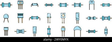 Resistor icons set outline vector. Capacitor chip. Battery board thin line color flat on white Stock Vector