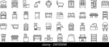 Bread production icons set outline vector. Food factory. Cake machine industry Stock Vector