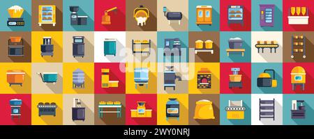 Bread production icons set flat vector. Food factory. Cake machine industry Stock Vector