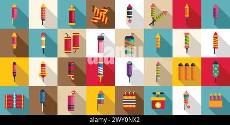 Petard icons set flat vector. Tnt security explosion. Firecracker rocket Stock Vector