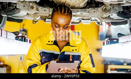 A woman inspecting a clipboard under a car Stock Photo