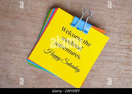 Happy Sunday greetings. Welcome the weekend adventures wishes. Stock Photo