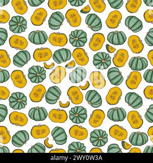 Seamless pattern with Blue pumpkin. Winter squash. Cucurbita maxima. Vegetables. Cartoon style. Isolated vector illustration. Stock Vector