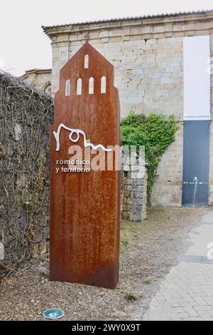 Perforated sheet metal tourist sign Romanic y Territorio made from corten steel rusted appearance Aguilar de Campoo Palencia Castile and Leon Spain Stock Photo