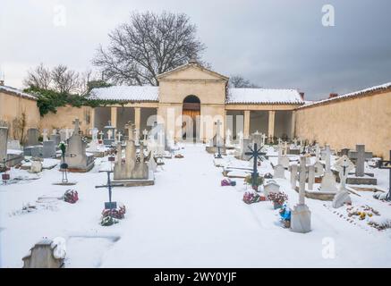 Snow covered graveyard. Rascafria, Madrid province, Spain. Stock Photo
