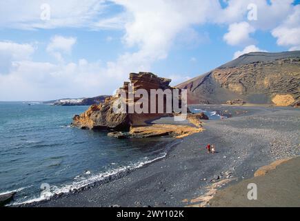 Beach and volcanic rock. El Golfo, Lanzarote island, Canary Islands, Spain. Stock Photo