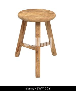 Old wooden stool three legs isolated on white background with clipping path. Stock Photo