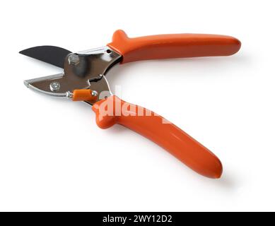 Secateurs with orange handles isolated on white, top view. Gardening tool. clipping path Stock Photo
