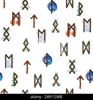 Hand drawn runic letters seamless pattern with elemental symbols. Magic signs and symbols of Scandinavian culture. Stock Vector
