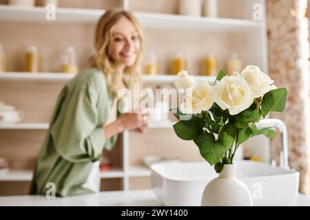 A woman sits at a kitchen table with a vase of flowers. Stock Photo