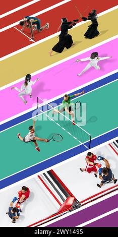 Creative colorful collage. Aerial view on athletes of different sports ...