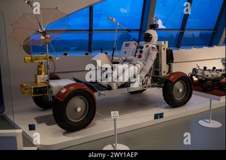 Lunar Roving Vehicle.    Mobility City Technology Museum in Zaha Hadid’s Bridge (Bridge Pavilion), Zaragoza, Spain Stock Photo