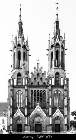 Gothic Revival Cathedral Basilica of the Assumption of the Blessed Virgin Mary in Bialystok, Poland - black and white image Stock Photo