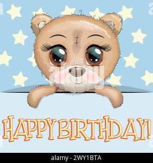 Happy birthday cards with animals. Cute hero with beautiful eyes, expressive Stock Vector