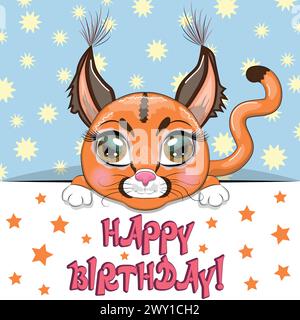 Happy birthday cards with animals. Cute hero with beautiful eyes, expressive Stock Vector
