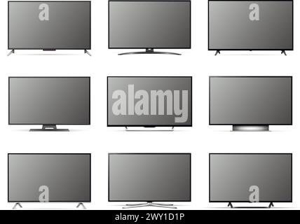 Realistic tv mockup. Televisions with flat black screen isolated on white background. Detailed and realistic modern smart tv. Vector illustration. Stock Vector