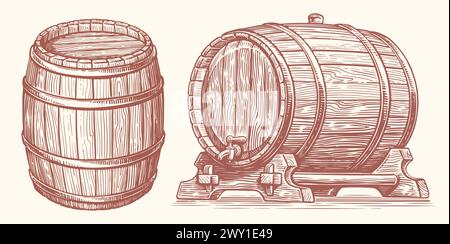 Wooden barrel, hand drawn engraving style vector illustration. Oak cask or keg drawing Stock Vector