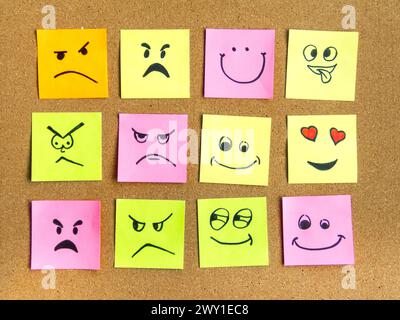 cork board with colorful post its representing various emoticons with various emotions communication concept Stock Photo