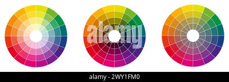 Colour palette wheel - RYB model, circle divided into sixteen shades, version with different light, dark and saturation Stock Vector