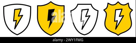 Flash icon inside shield, different versions. Protection from power surge concept Stock Vector