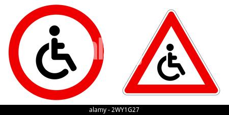 Disabled icon in red circle and triangle - careful, wheelchair warning or not allowed sign Stock Vector
