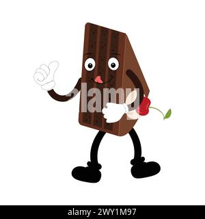 Groovy cake sliced cartoon mascot character with smile. Funny retro birthday cake slice in sneakers, confectionery mascot, Graphic element for website Stock Vector