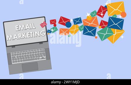 Email Marketing campaign concept, sending digital e-mail to customers, email newsletter strategy, Envelope flying out of laptop Stock Vector