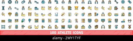 100 athlete icons set. Color line set of athlete vector icons thin line color flat on white Stock Vector