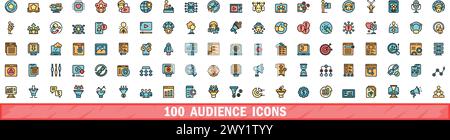 100 audience icons set. Color line set of audience vector icons thin line color flat on white Stock Vector